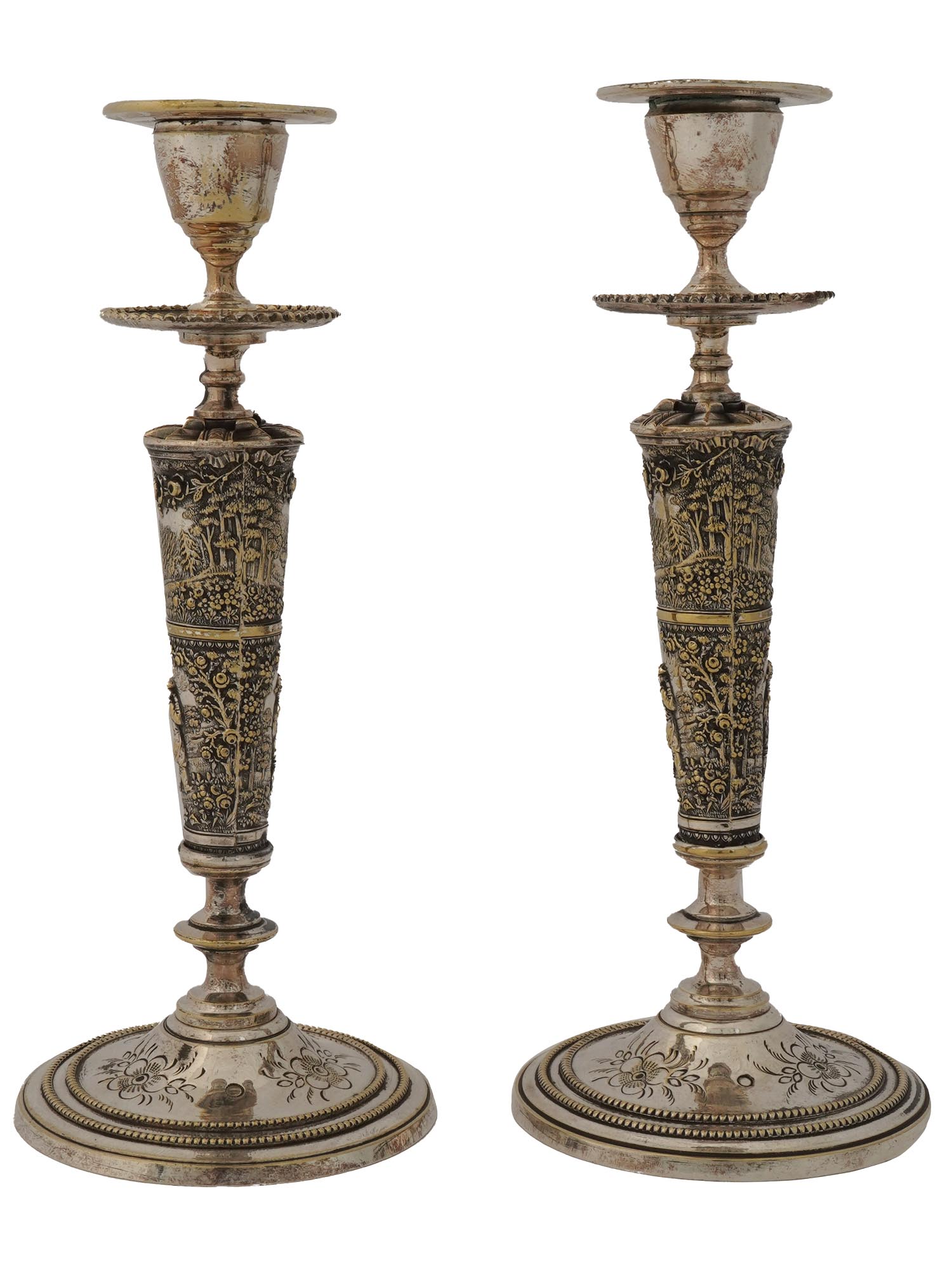 PAIR OF RUSSIAN ENGRAVED SILVER CANDLE STICKS PIC-0